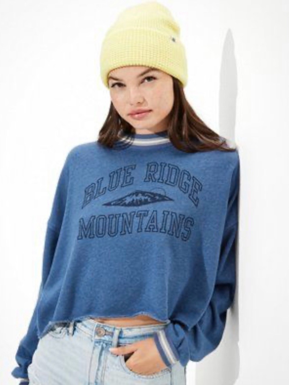 American Eagle Outfitters Blue Cropped Graphic Crewneck Sweatshirt